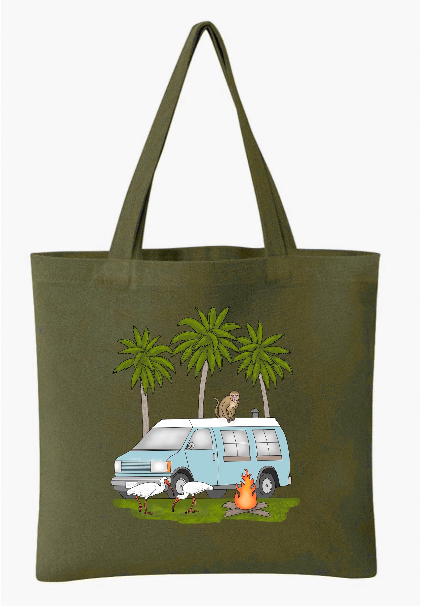 Moss Green Tote Bag with Camper Van scene
