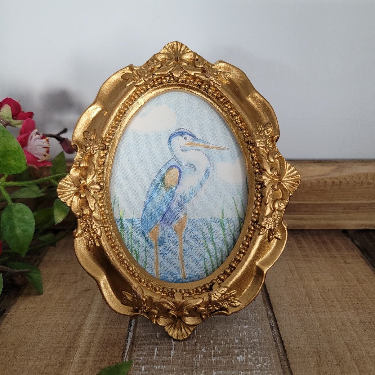 Mini framed Heron original art drawing