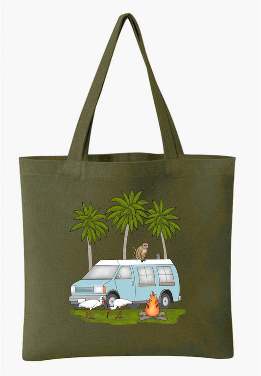 Moss Green Tote Bag with Camper Van scene